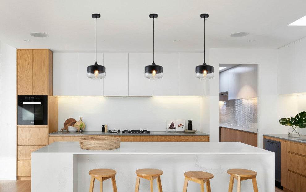 1-Light 10" Matte Black Metal Pendant With A Glass Shade
