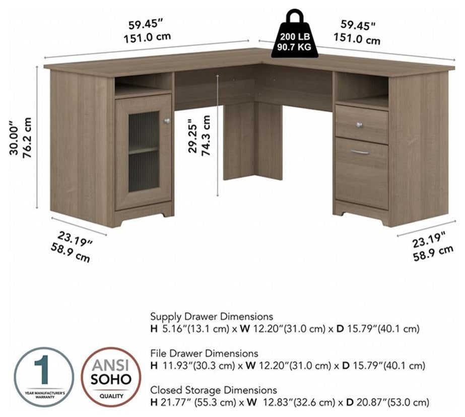 Bush Furniture Cabot 60W L Shaped Computer Desk in Ash Gray