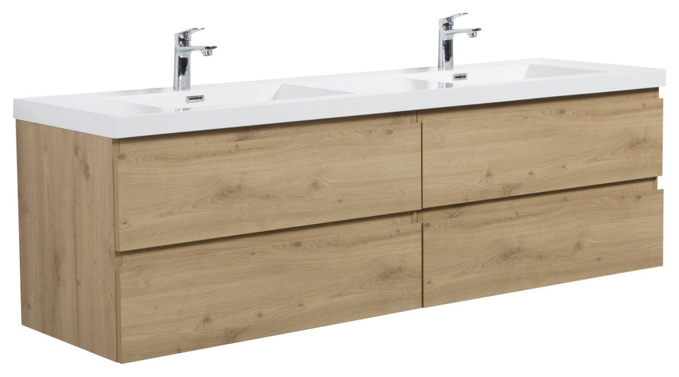 Aurora Wall Mount Vanity, White Acrylic Top, Sonoma Oak, 72" Double