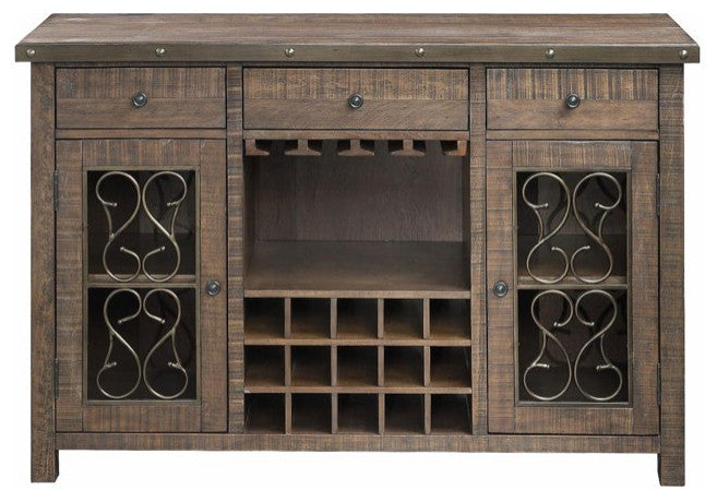 Farmhouse Sideboard, Cabinet Doors With Unique Scrolled Accents & Grid Wine Rack