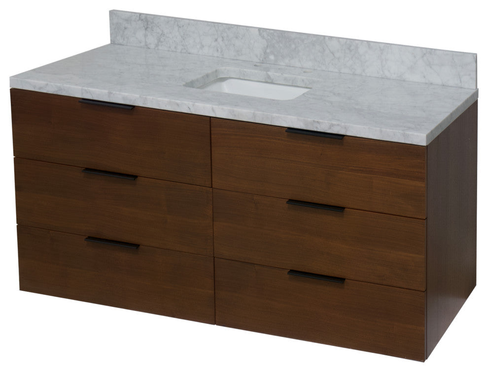 Oslo 60" Floating Wall Mounted Bathroom Vanity, Walnut, Carrara Marble, Single