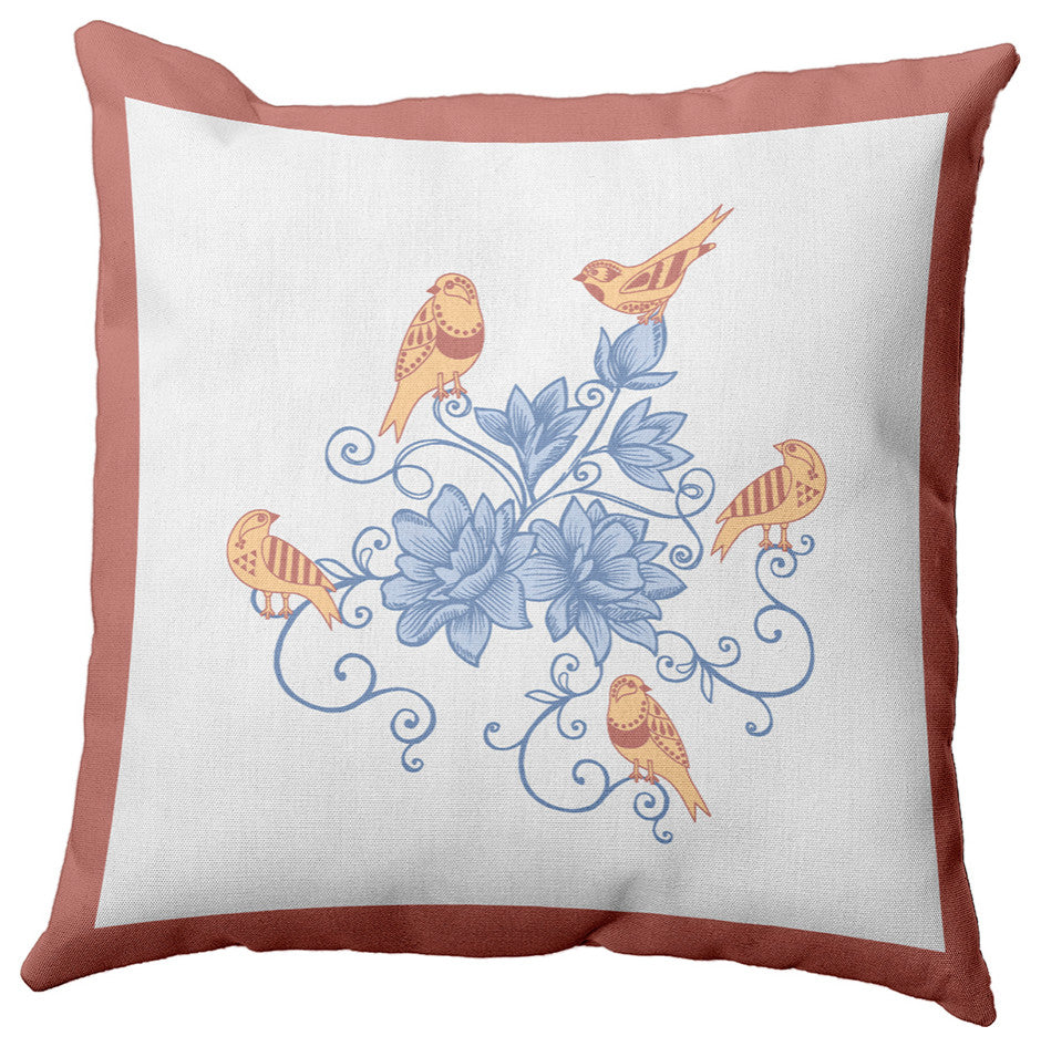 Birds And Flowers Decorative Throw Pillow, Rusty Mauve, 20"x20"