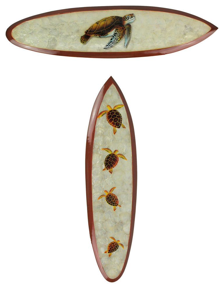 Set of 2 Wood And Capiz Hand Carved Turtles Decorative Surfboard Wall Sculpture