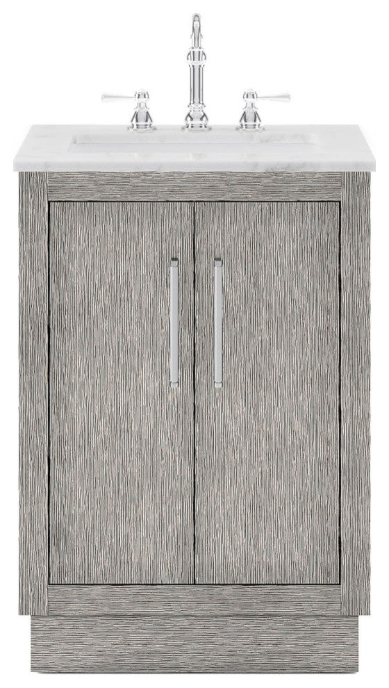 Hugo 24 Single Sink White Marble Countertop Vanity, Gray Oak With Hook Faucet
