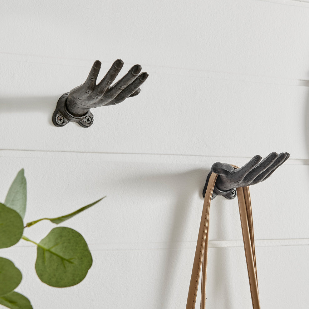 "Palms Up" Dark Brown Cast Iron Wall Mount Hook Set, Set of 2