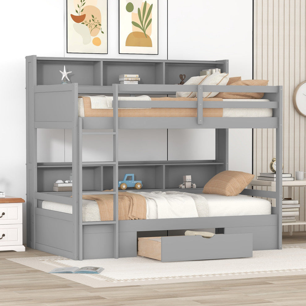 Gewnee Twin Size Bunk Bed with Shelves Beside both Upper and Down Bed in Gray