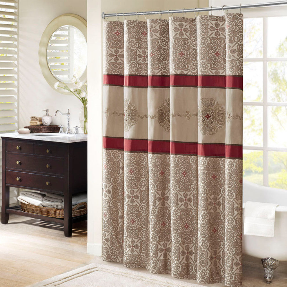Madison Park Donovan Embroidered Shower Curtain, Red