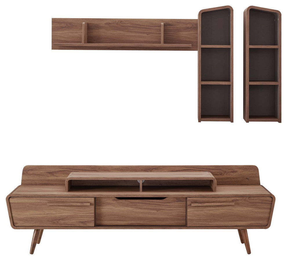 Modern Lounge Media TV Stand Storage Set, Wood, Natural Walnut Gray Grey