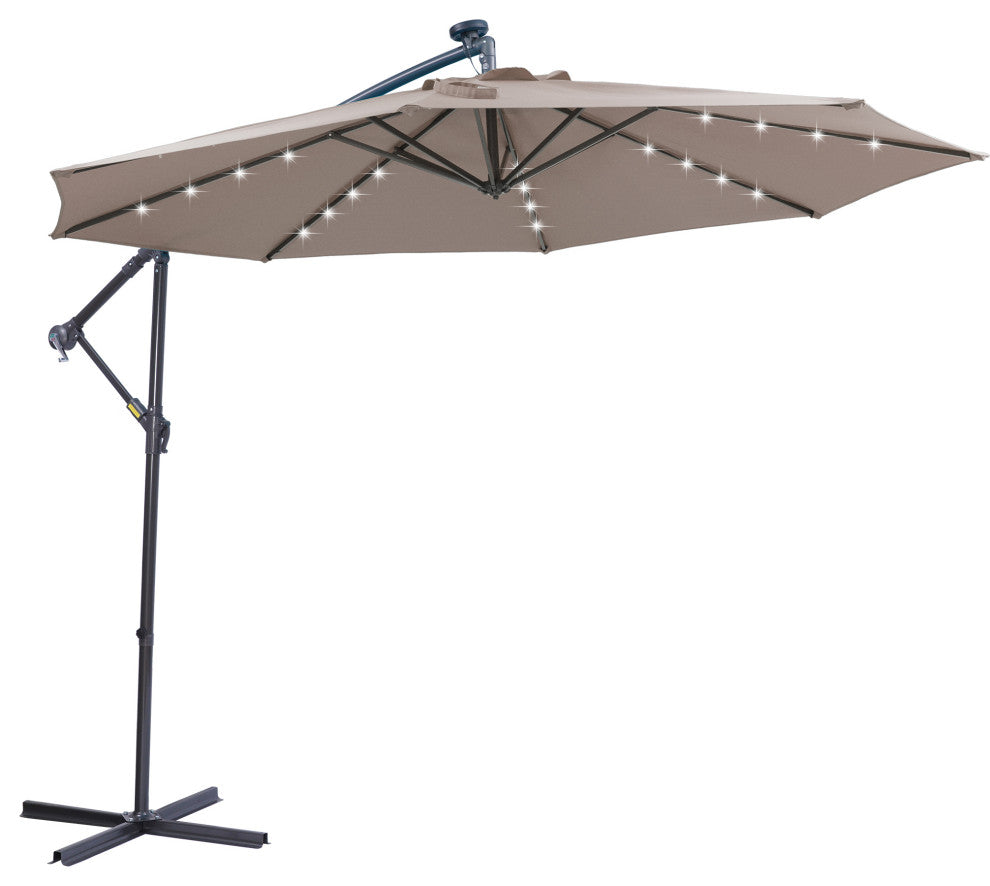 10' Steel Patio Hanging Cantilever Umbrella With 32 Solar LED Lights, Brown