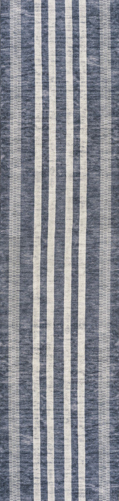 Vichy Geometric Striped Machine-Washable Area Rug, Slate Gray/Ivory, 2 X 8