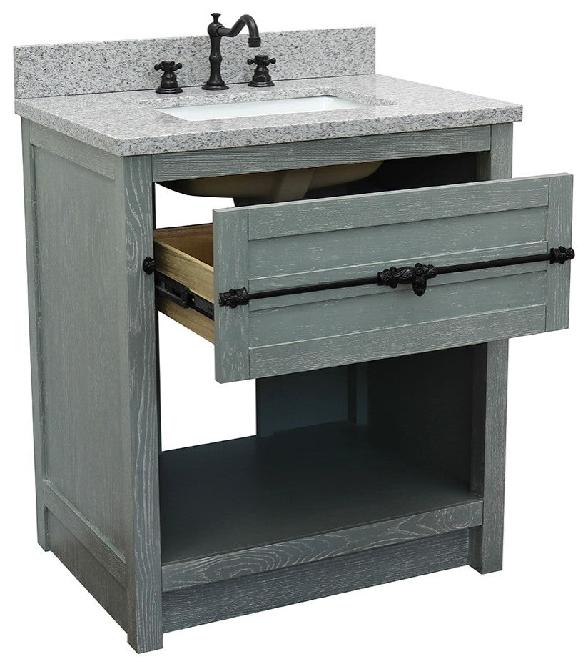 30" Single Vanity, Gray Ash, Gray Granite Top, Rectangle Sink