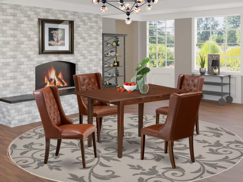 5Pc Dining Set, 1 Butterfly Leaf Table, 4 Brown Padded Chairs, Mahogany Finish