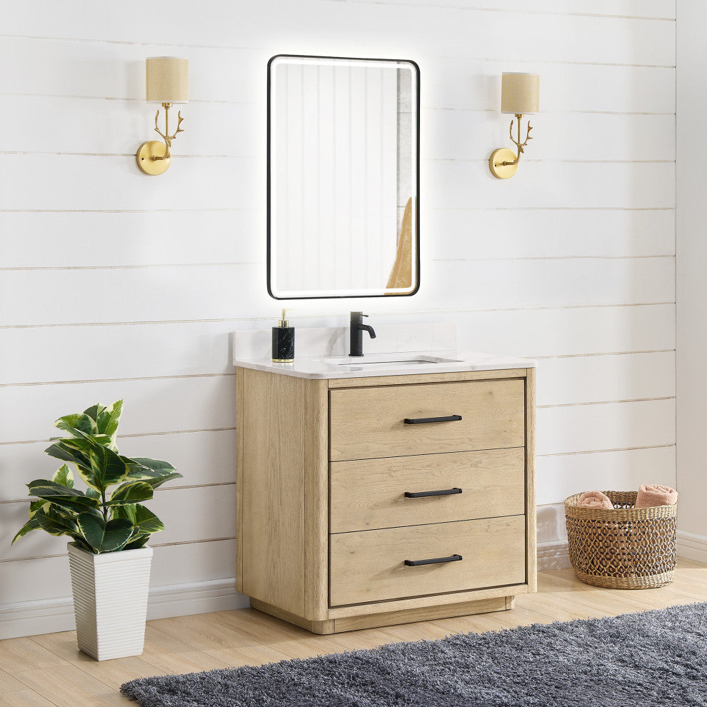 Porto Bath Vanity with White Quartz Stone Top, Natural Oak, 36 in., No Mirror
