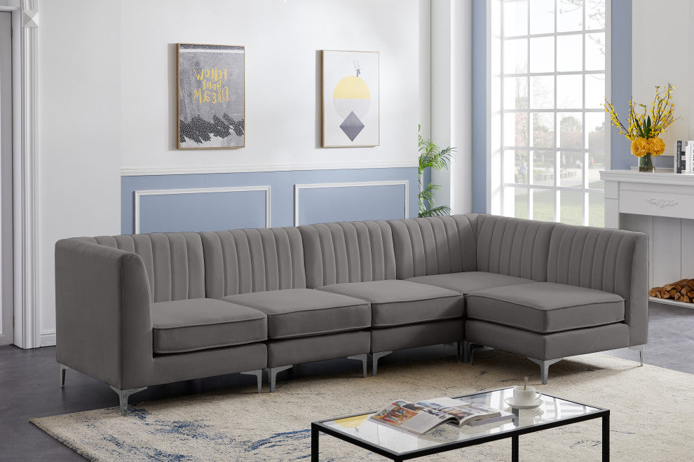 Alina Velvet Modular L-Shaped Modular Sectional, Grey, 5-Piece: 3 Armless Chair, 2 Corner Chair