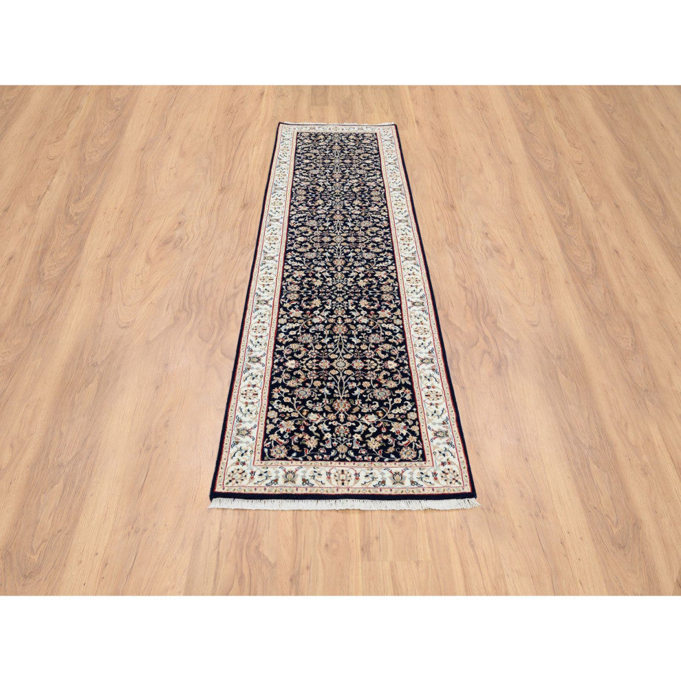 Midnight Blue 250 KPSI Wool and Silk Hand Knotted Nain Runner Rug 2'8" x 10'0"