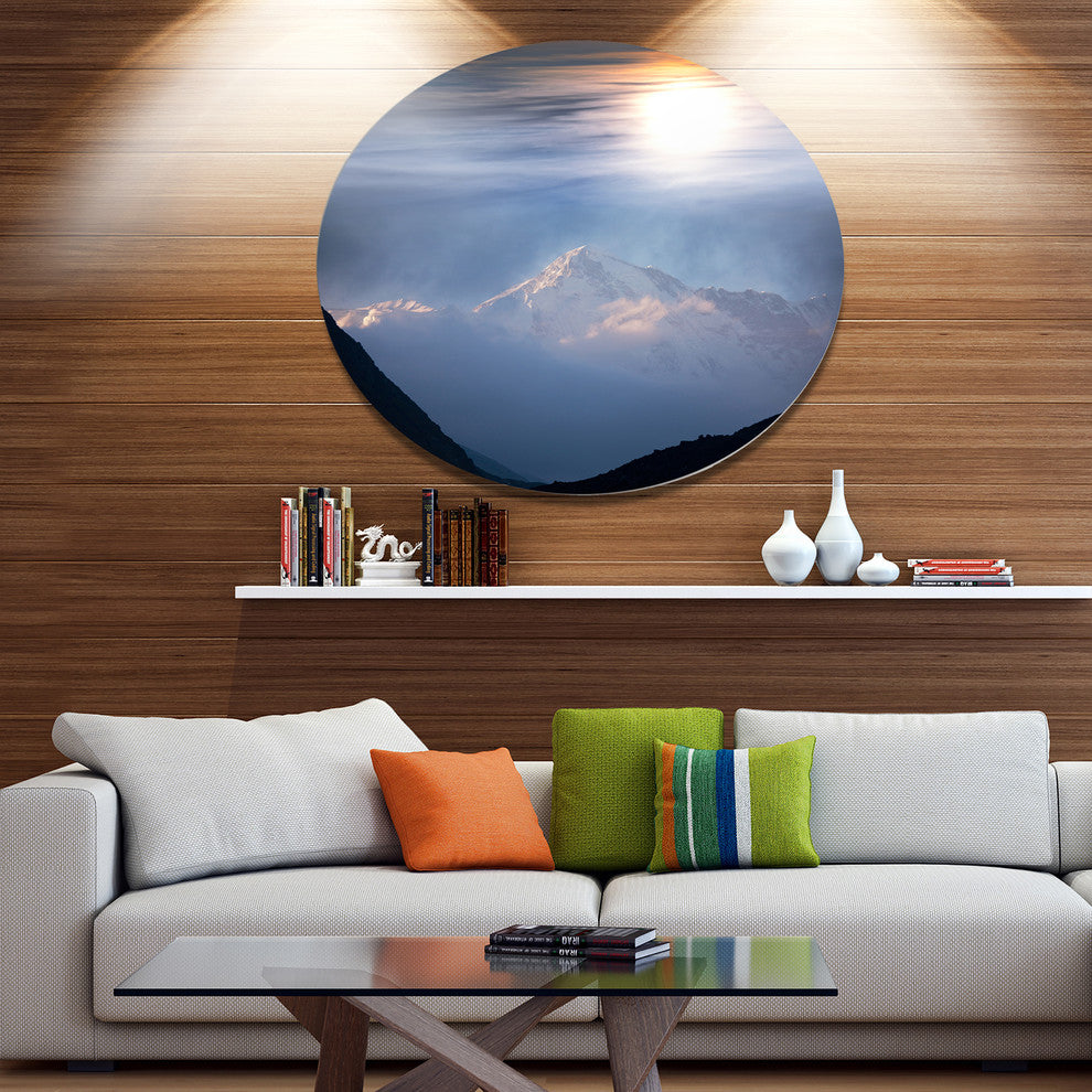 Peak Of Winter Mountains At Sunset, Landscape Round Wall Art, 23"