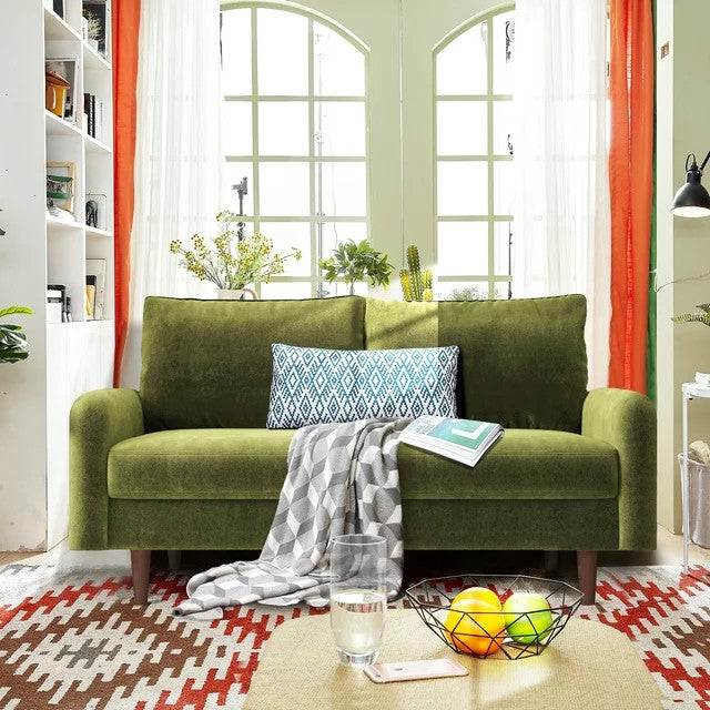Retro Modern Velvet Loveseat with Tapered Wood Legs and Comfy Upholstered Seat, Army Green