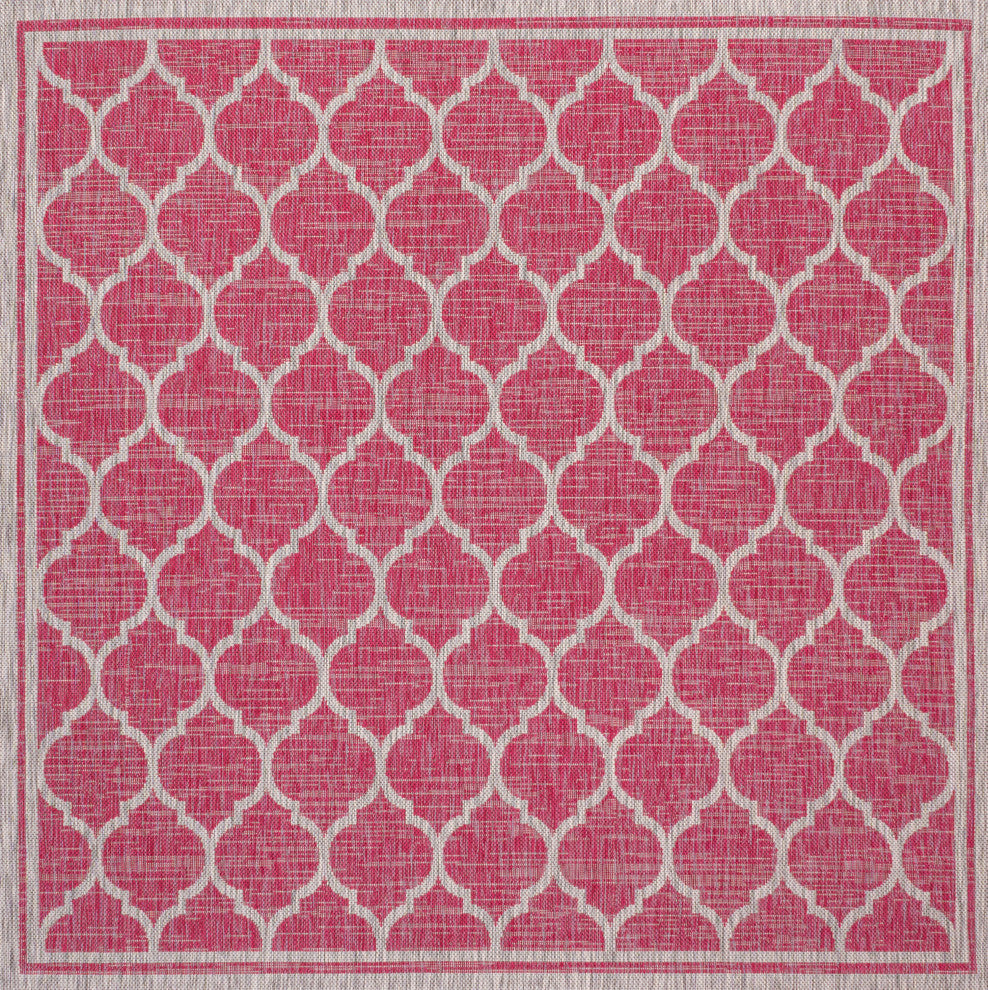 Trebol Moroccan Trellis Textured Weave Indoor/Outdoor, Fuchsia/Light Gray, 5' Square