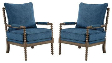 Home Square 2 Piece Linen Fabric Spindle Chair Set with Wood Frame in Navy Blue