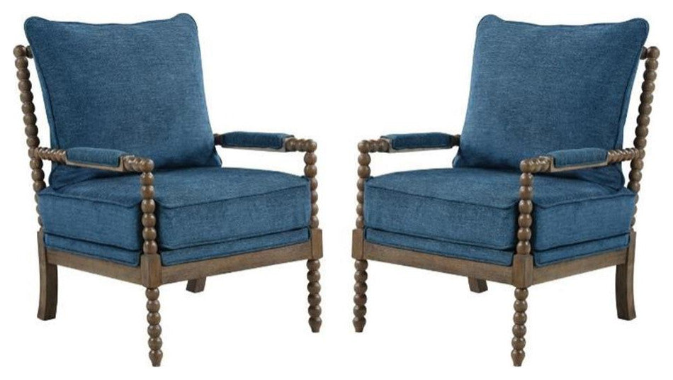 Home Square 2 Piece Linen Fabric Spindle Chair Set with Wood Frame in Navy Blue