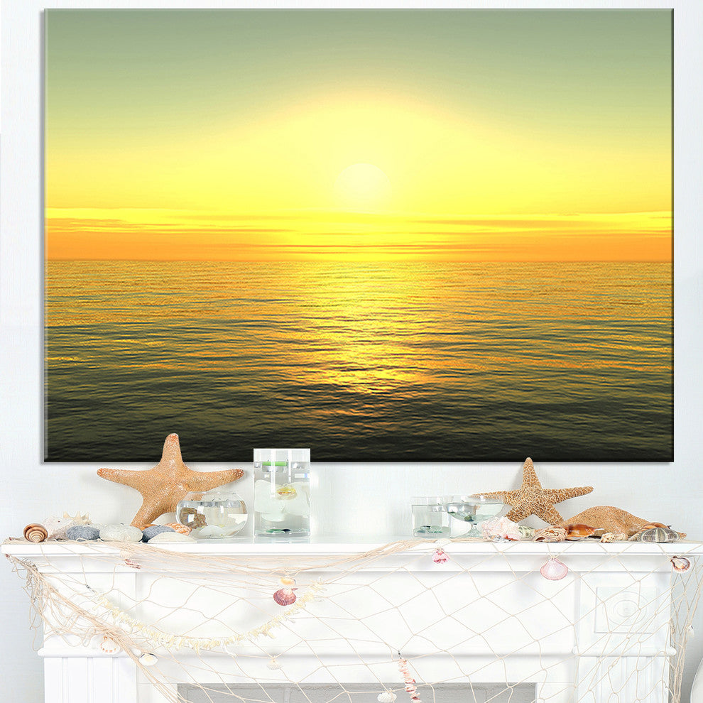 "Brilliant Yellow Sunrise Over Waters" Beach Canvas Wall Art, 32"x16"