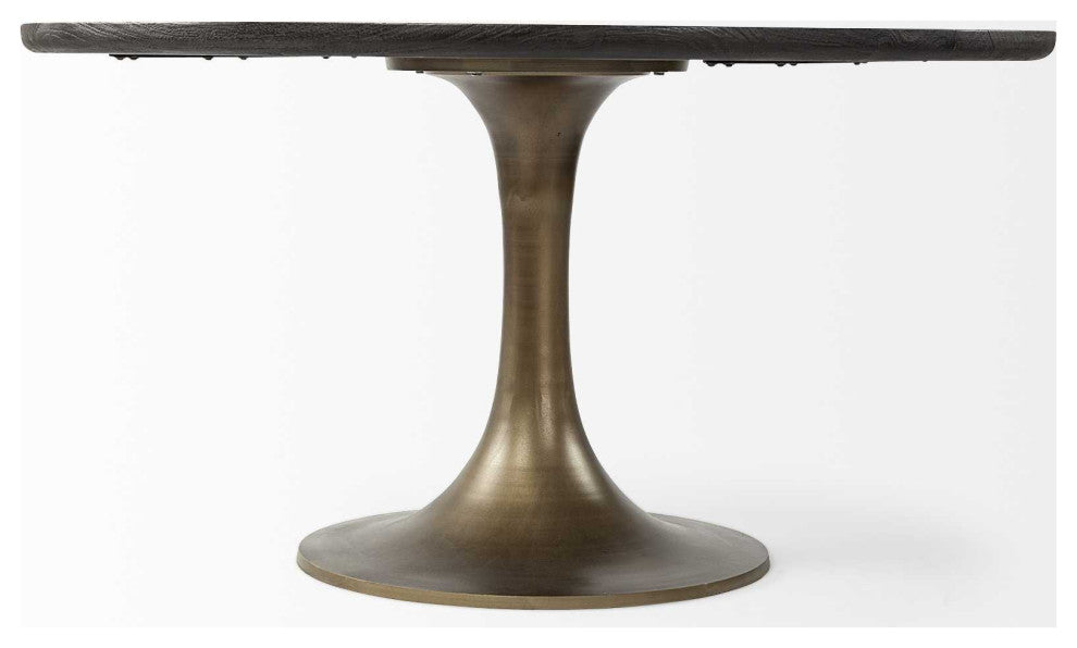 54" Black And Brass Rounded Solid Wood And Metal Pedestal Base Dining Table