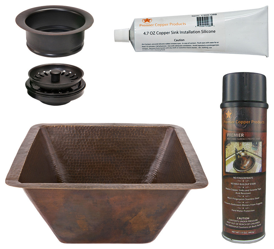 17" Large Square Hammered Copper Bar/Prep Sink, Drain & Accessories