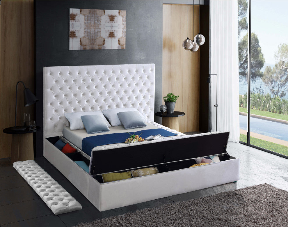 Bliss Velvet Upholstered  Bed, White, Full