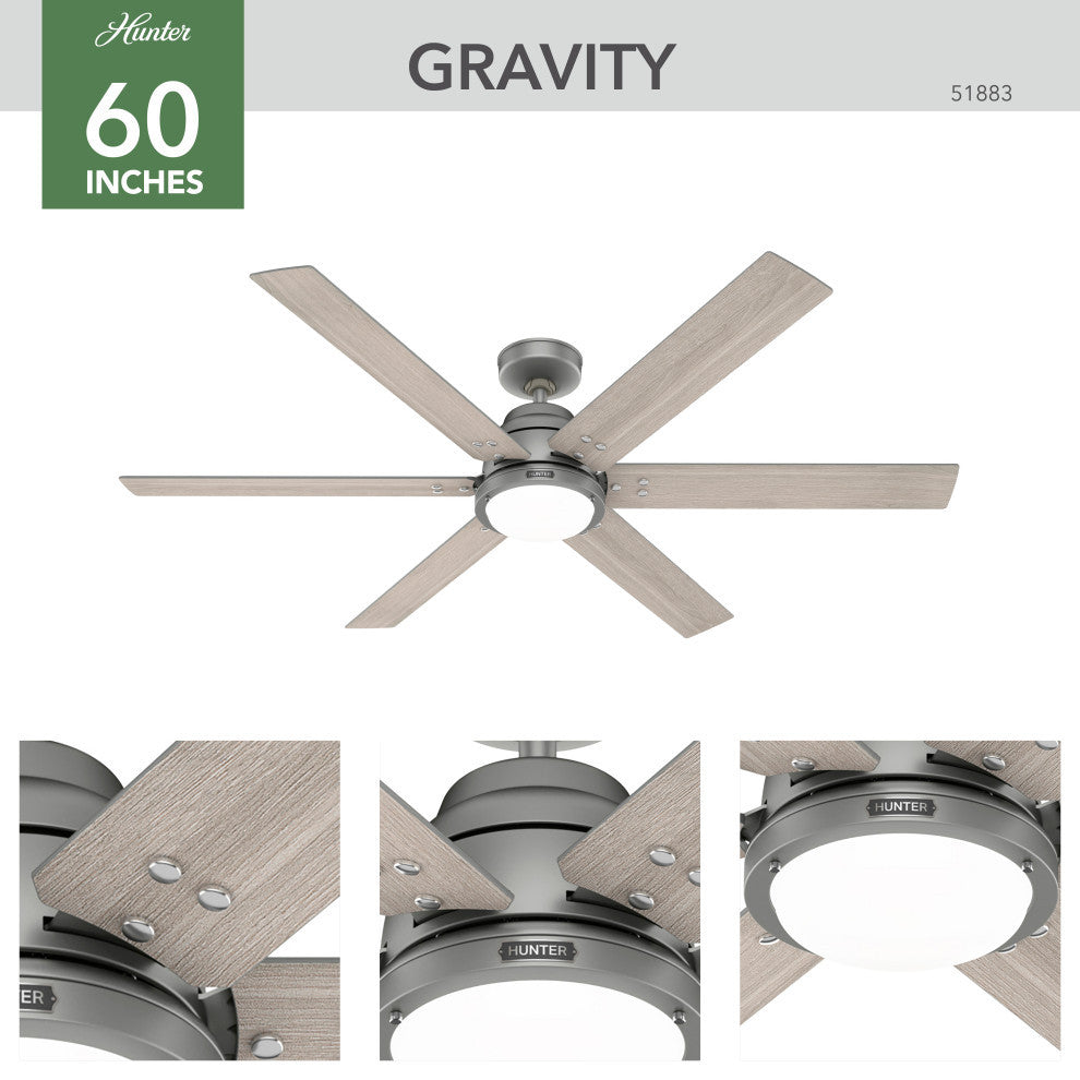 WiFi Gravity Ceiling Fan, LED Light Kit and Handheld Remote, Matte Silver, 60"