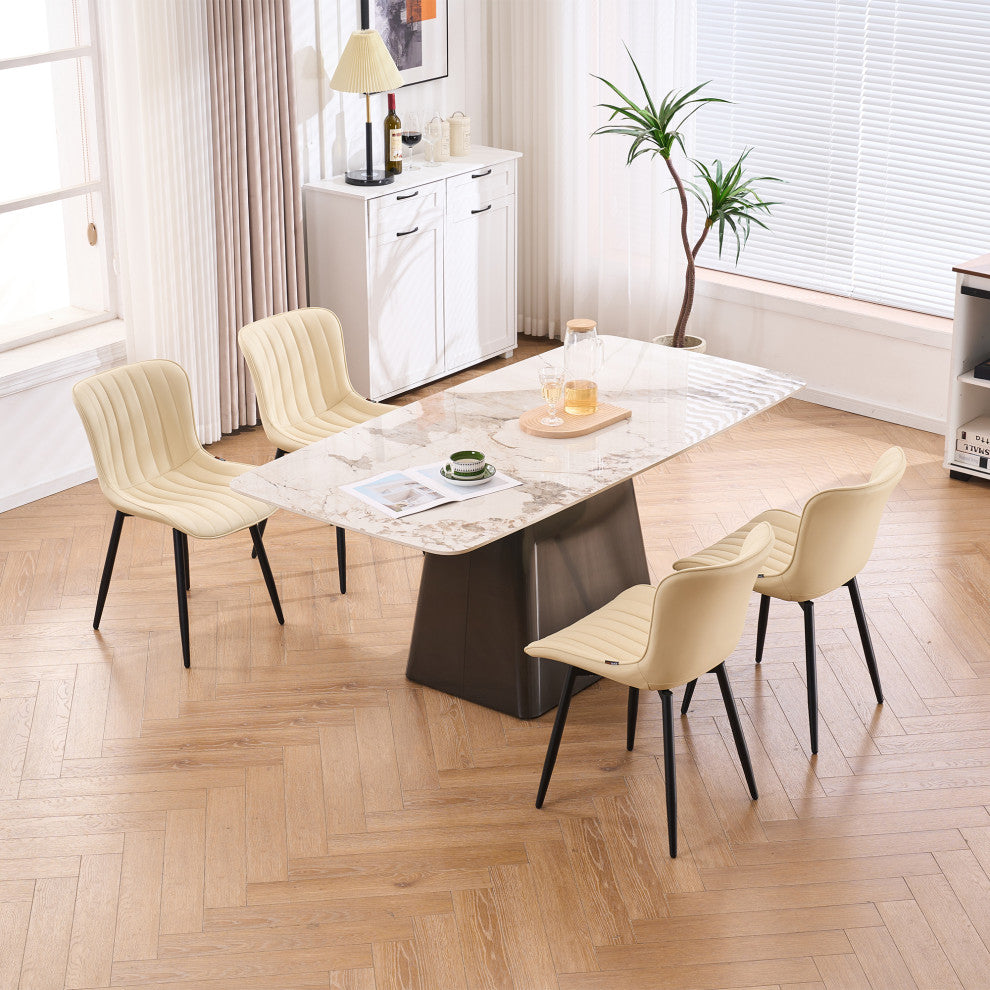 Younike Dining Chair Set of 2, Liner Pattern Faux Leather, Beige