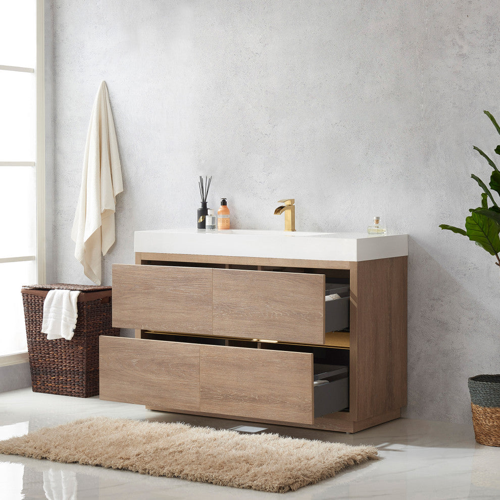 Huesca Bath Vanity, Integrated Sink Top, North American Oak, 48", Without Mirror