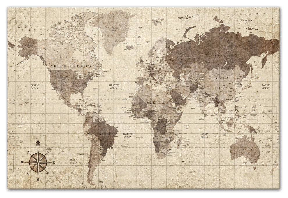 Distressed World Map Canvas Wall Art, 12"x18"