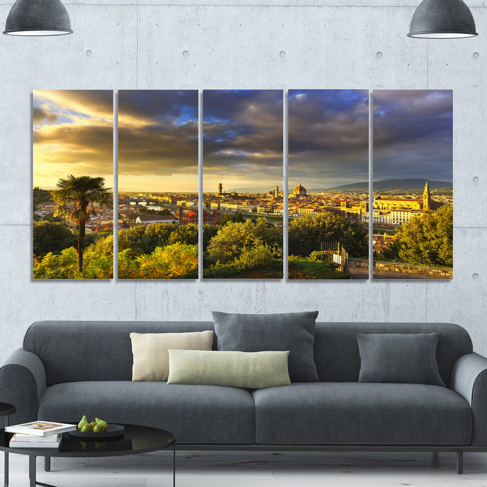 Florence Sunset Aerial View, Landscape Canvas Art Print, 60"x28", 5 Panels