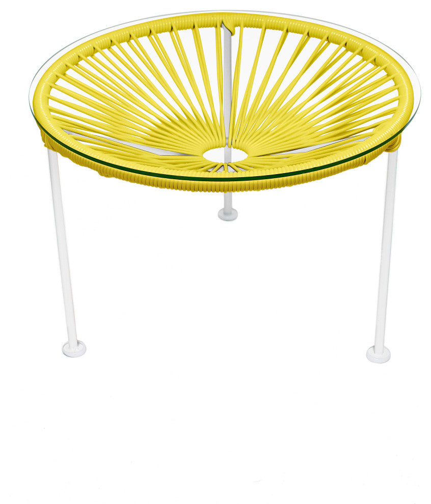 Zicatela Indoor/Outdoor Handmade Side Table, Yellow Weave, White Frame