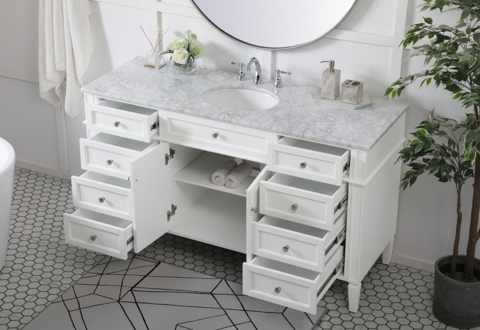 Home Living Vanity with Carrara White Marble Countertop, White, 60", Single Sink