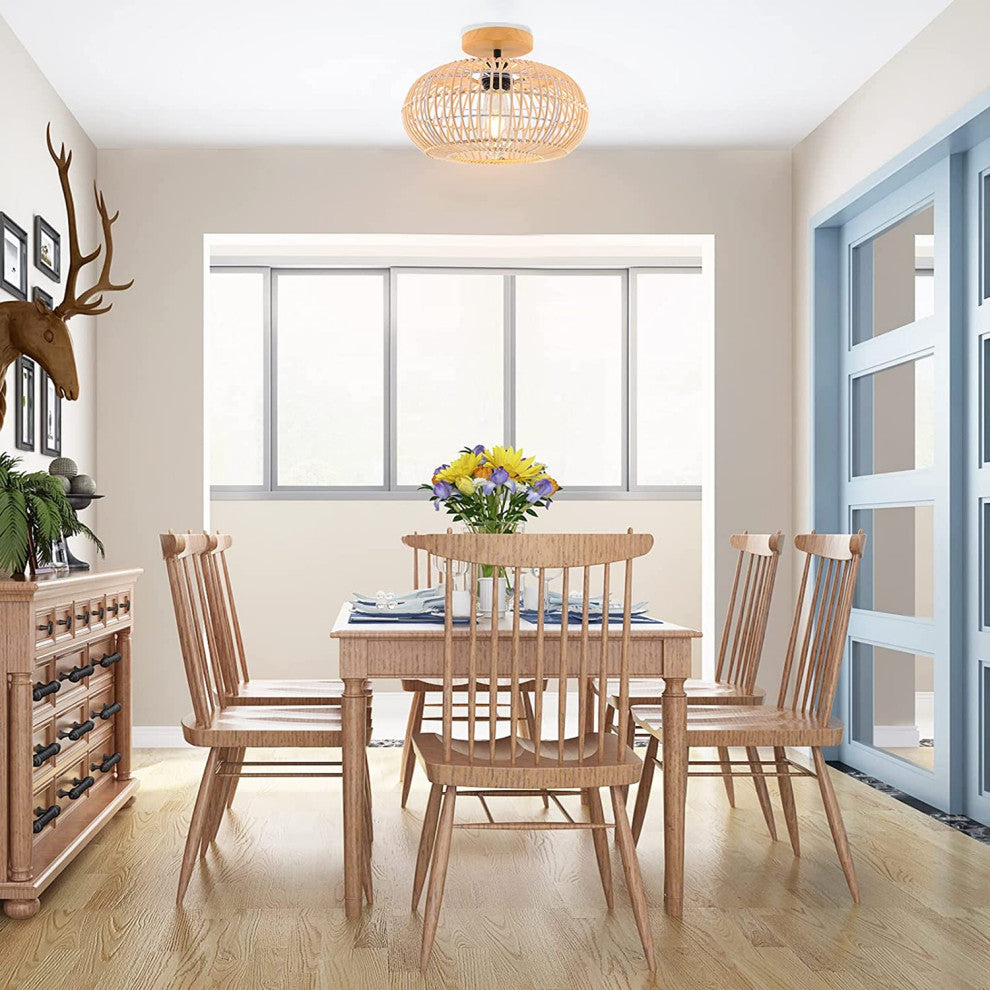 Rattan Semi Flush Mount Ceiling Light, Farmhouse Case Ceiling Lamp