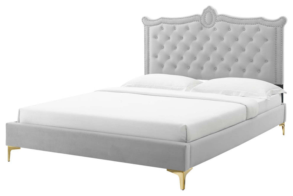 Platform Bed Frame, Nailhead, Queen Size, Gray, Velvet, Modern