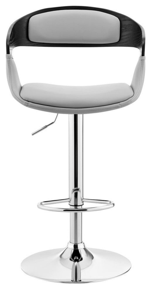 Benson Adjustable Faux Leather and Wood Bar Stool With Metal Base, Gray and Blac