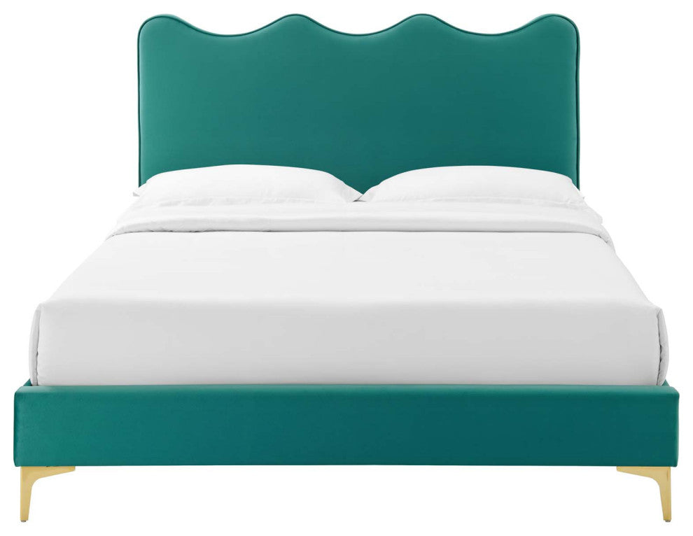 Platform Bed Frame, King Size, Teal Blue, Velvet, Modern, Bedroom Guest Suite