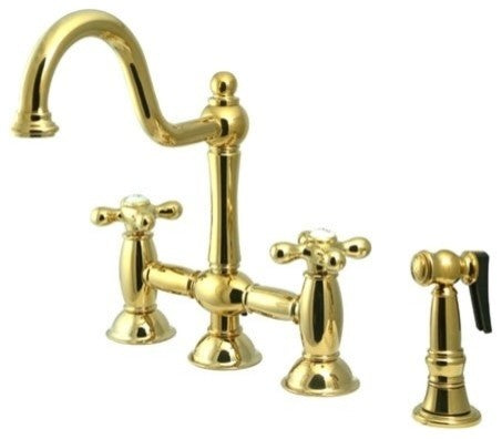 Kingston Brass Bridge Kitchen Faucet With Brass Sprayer, Polished Brass