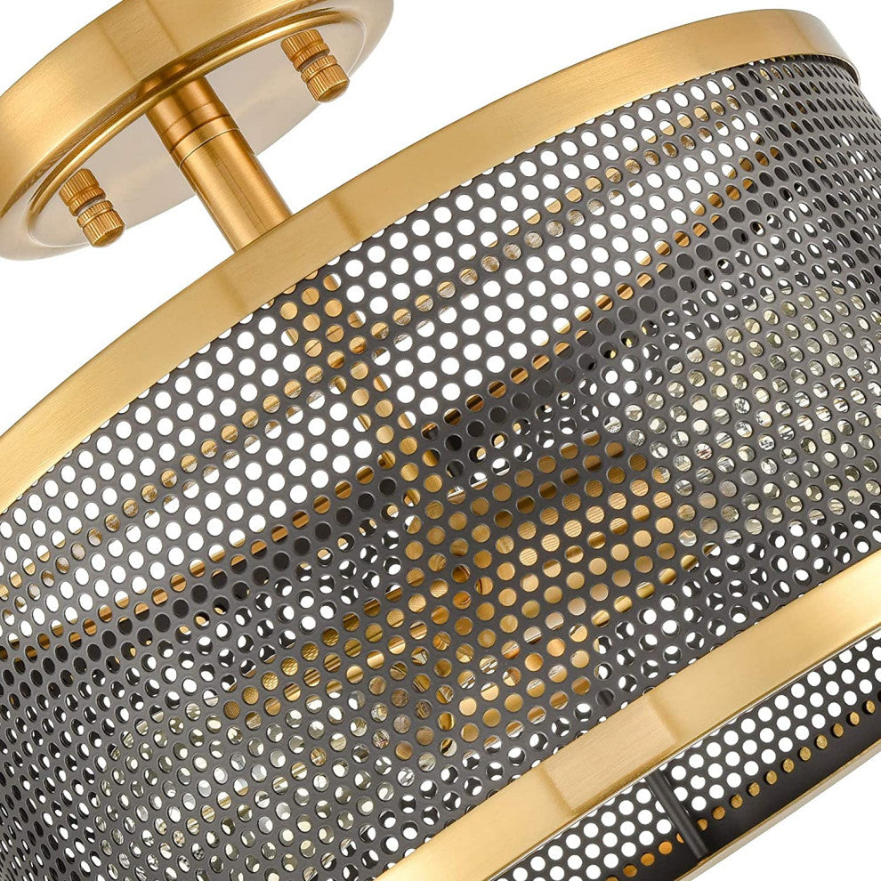 2 Light Gold Flush Mount Ceiling Light, Mesh Brass