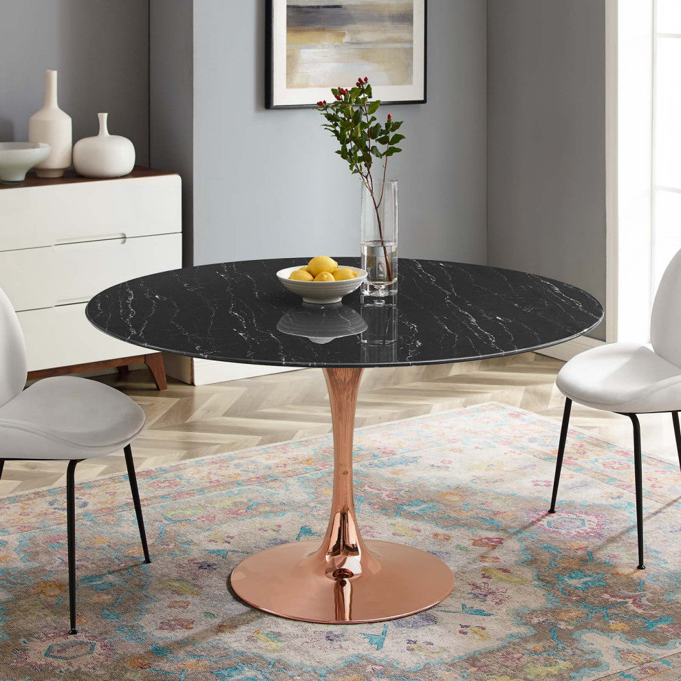 Dining Table, Round, Artificial Marble, Metal, Rose Gold Black, Modern, Bistro