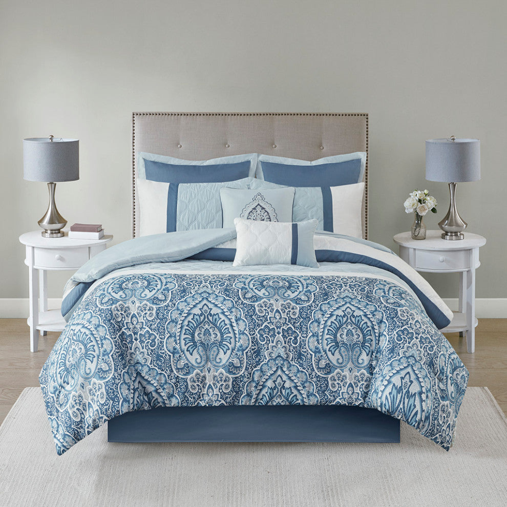 Shawnee Traditional Diamond Quilting 8-Piece Comforter Set, Blue, Queen