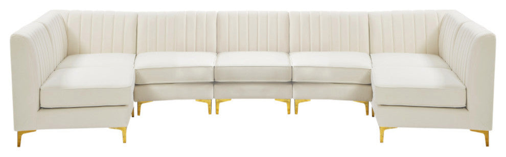 Alina Velvet Modular U-Shaped Sectional, Cream, 7-Piece: 5 Armless Chair, 2 Corner Chair