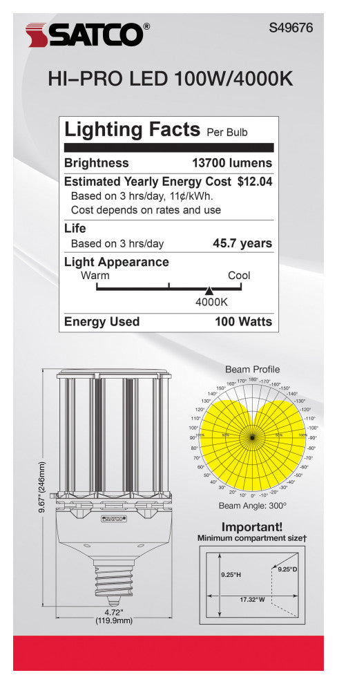 100W LED HID Replacement, 4000K, Extended Mogul Base, Type B Ballast Bypass