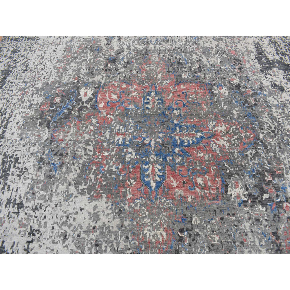 Arsenic Gray, Wool and Silk, Erased Heriz Design Hand Knotted Rug, 9'2"x12'