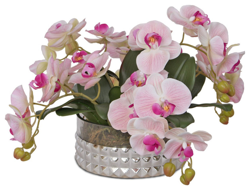 Real Touch Pink Orchid Flower Arrangement, Silver Glass Round Bowl