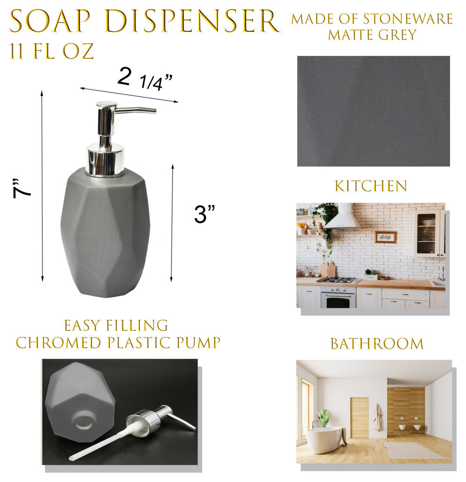 Bathroom Soap and Lotion Dispenser Diamond Stoneware White, Grey