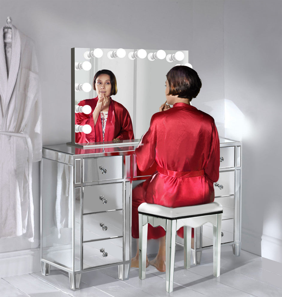 48" Mirrored Vanity Table MultiDrawer With LED  Dimmable Hollywood Mirror and Ch