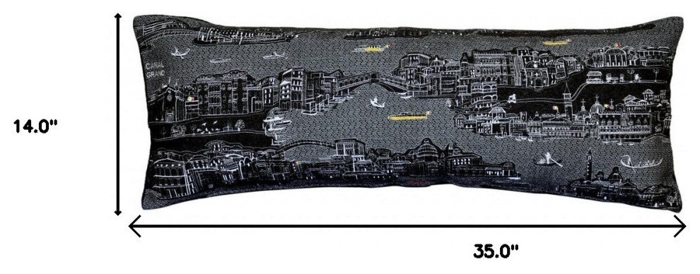 35" Black Venice Nighttime Skyline Lumbar Decorative Pillow